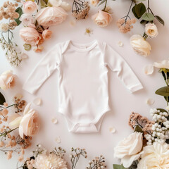 Mockup of white long sleeved baby bodysuit among pastel flowers background. Blank baby clothes template, flat lay.