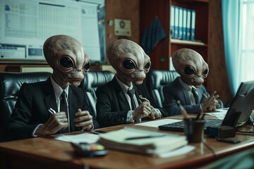 Three extraterrestrial aliens with big eyes wearing business suits sitting in front of computers and paper in a meeting rooms office negotiating deals and contracts