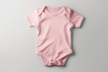 Mockup of pink baby bodysuit on white background. Blank baby clothes template, flat lay.