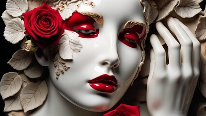 aesthetic broken cracked crafted porcelain face mesmerizing artwork  with vibrant red rose