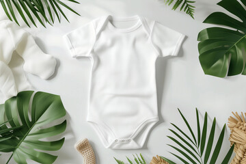 Mockup of white baby bodysuit on white background with greenery. Blank baby clothes template, flat lay. - obrazy, fototapety, plakaty