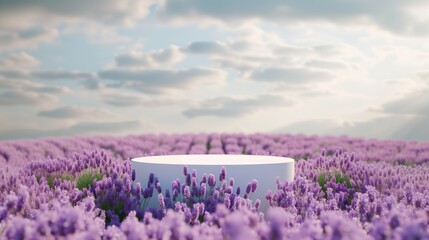 Background scene with empty wooden podium platform and purple blooms of lavender field. Beauty product display. Organic Natural concept. Mock up, Spa.
