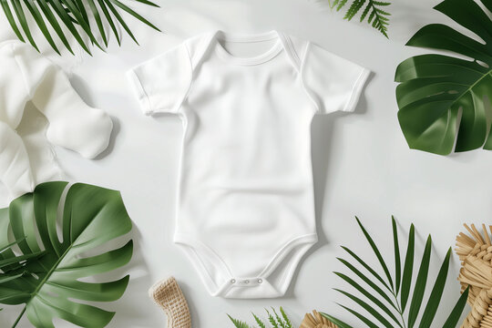 Mockup of white baby bodysuit on white background with greenery. Blank baby clothes template, flat lay.