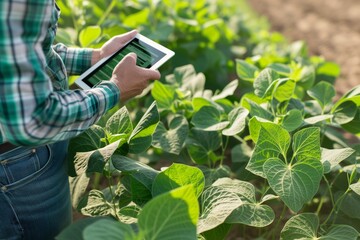 farmer holding a tablet with gmo data next to soy plants - obrazy, fototapety, plakaty