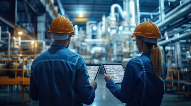 Industrial Engineer uses tablet computer connecting to interface of a virtual reality screen. working with big data statistics, Optimization of High-Tech Electronics Facility. Generative AI. - Powered by Adobe
