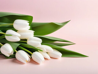 Banner with white tulips wrapped in craft paper on pink pastel background