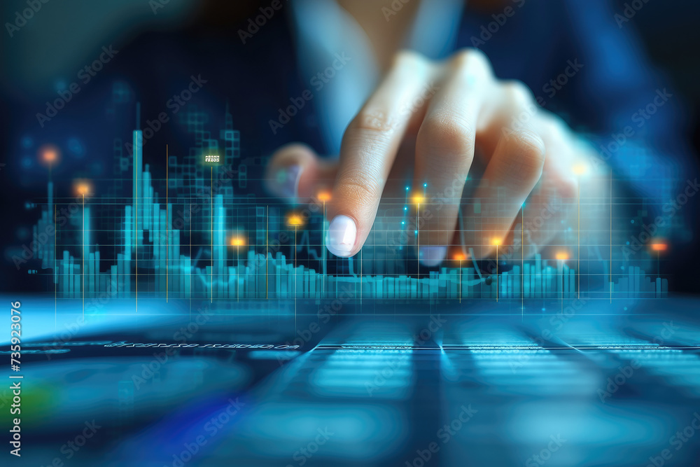 Aufkleber close up of hand business man putting an index finger to graph analyzing stock market, in the style 