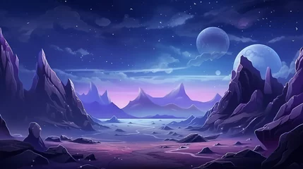 Afwasbaar Fotobehang Donkerblauw Cosmic background. Alien planet deserted landscape.