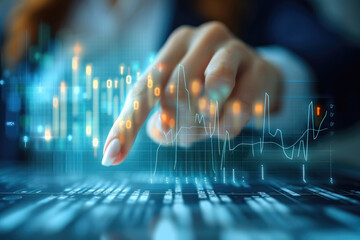 Close up of Hand business man putting an index finger to graph analyzing stock market, in the style of light blue and light indigo. Generative AI.