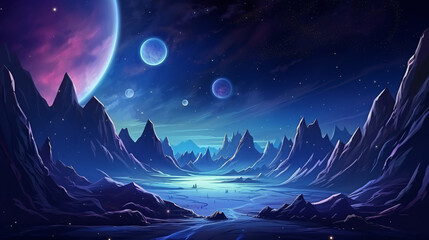 Obraz na płótnie Canvas Cosmic background. Alien planet deserted landscape.
