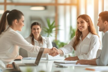 Diverse business team in a bright corporate office shake hands and make a deal