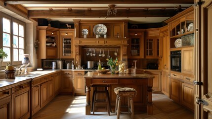 Fototapeta na wymiar Home interior design idea. French-style kitchen with wooden cabinets.