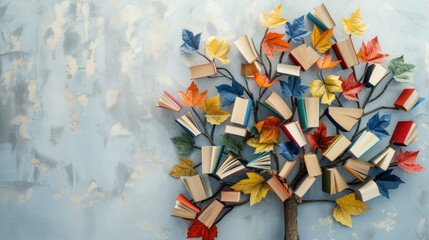 Imaginative depiction of literacy and education with a tree bearing colorful books as leaves, against a white background.