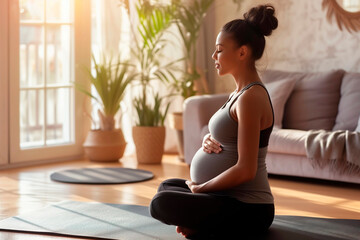 Pregnant woman sitting in lotus position on exercise mat at home - obrazy, fototapety, plakaty