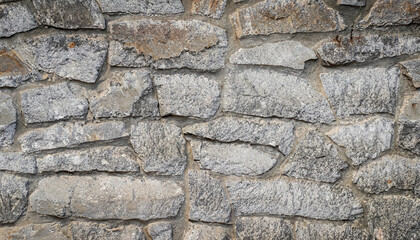 Abstract Grunge Stone wall Background. Old Wall building of natural stone. Rough Surface Gray Background with copy space. Panoramic Texture for design. Wide Angle Horizontal Wallpaper