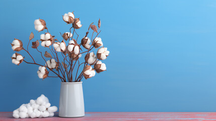 Cotton plant kept on table in front of blue wall.