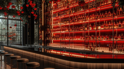A wonderful bar design in the restaurant, black and red luxurious and expensive bottle on the glass shelves of the bar. Generative AI.