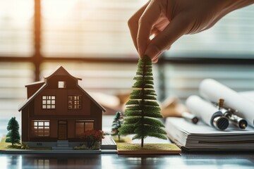 hand placing a tiny tree next to a house model on a desk