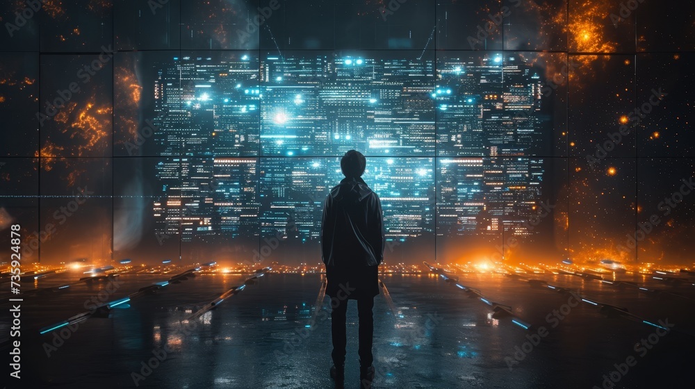 Poster A data analyst analyzes and visualizes complex information networks using artificial intelligence. Machine learning algorithm for business analytics.