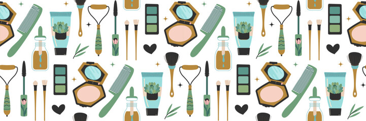Seamless pattern with cosmetics and body care products. Hand drawn Beauty and makeup icons set.