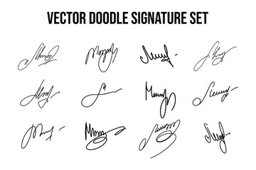 Handwritten fake signature set. Collection of vector fictitious autograph doodles on M letter. Scrawl lettering for business, signing of documents, certificates and contracts. - obrazy, fototapety, plakaty