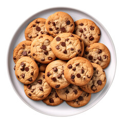 chocolate chip cookies on white plate with transparent background
