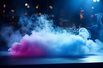 Smoke on stage under colorful spotlights, creating a dynamic and atmospheric setting, perfect for concert promotions, theatrical performances, or adding drama - obrazy, fototapety, plakaty