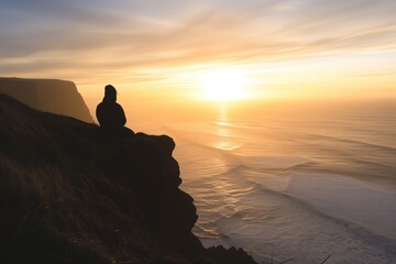 silhouette of person at sunrise, on seaside cliff, facing waves below