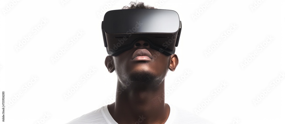 Poster virtual reality technology concept with a man immersed in a series of virtual environments