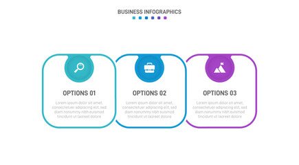 Timeline infographic with infochart. Modern presentation template with 3 spets for business process. Website template on white background for concept modern design. Horizontal layout.