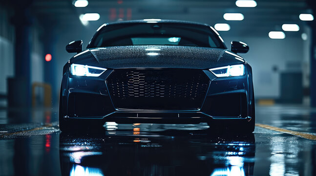 A car on a dark background. Luxury expensive car. Sport and modern luxury design. Shiny clean lines and detailed front view of modern automotive. Generative AI.