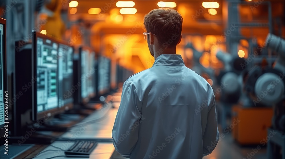Aufkleber Engineer manager monitors and controls robot arm automation in smart factories in real time monitoring system software, welding robots and digital manufacturing operations. Generative AI.