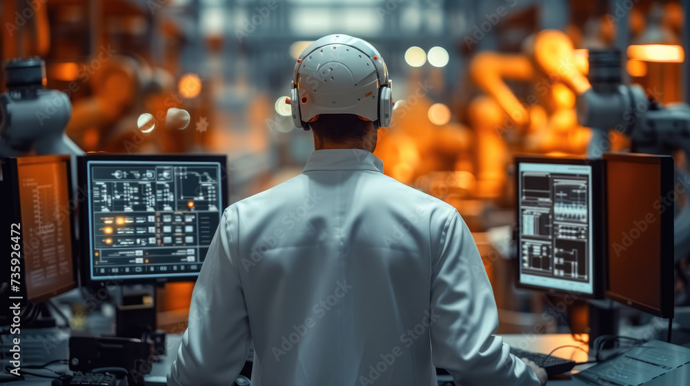 Aufkleber Engineer manager monitors and controls robot arm automation in smart factories in real time monitoring system software, welding robots and digital manufacturing operations. Generative AI.