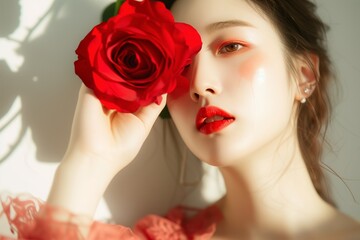 young woman with red lips holding a red rose to her face