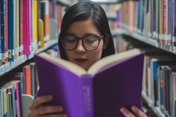 person with glasses reading a purple book among rows of books