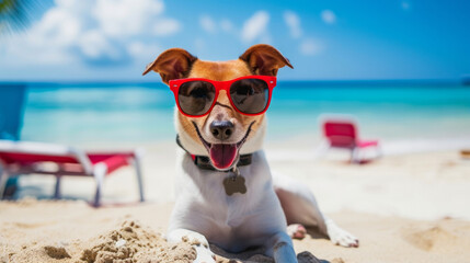 Fototapeta na wymiar beautiful dog the sand at the beach sea on summer vacation holidays, wearing sunglasses. The concept of a summer holiday by the sea. Copy space.