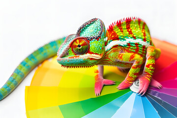 a chameleon changing colors to a spectrum isolated on a white background - obrazy, fototapety, plakaty