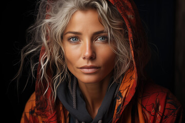 portrait of woman with hood looking at camera, dark background - obrazy, fototapety, plakaty