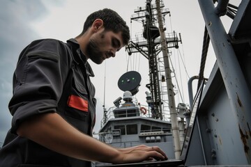 mechanic using a laptop near a ships radar mast