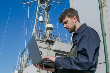 mechanic using a laptop near a ships radar mast