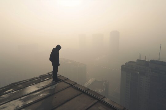 rooftopper surveying a blanket of urban smog