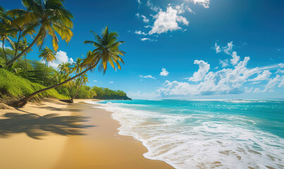 Coastal scene in summer, sandy beach leading to turquoise waters, palm trees swaying in the breeze. 