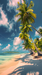 Sandy tropical beach leading to turquoise waters, palm trees swaying in the breeze. AI
