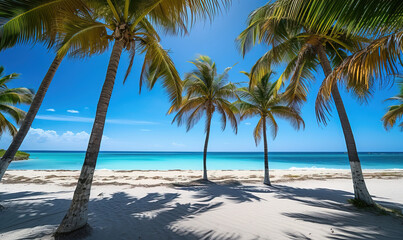 Sandy tropical beach leading to turquoise waters, palm trees swaying in the breeze. AI