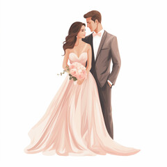 Wedding couple, elegant bride and groom concept.  Isolated illustration in flat cartoon style 
