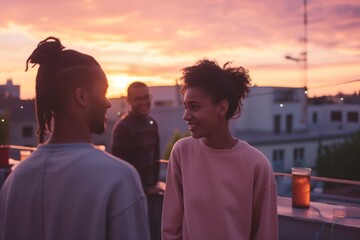 young couple at a rooftop party during sunset, in sweatshirts