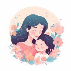 Mom hugging her child, Mother's day concept, beautiful woman and a baby. Isolated illustration in flat cartoon style