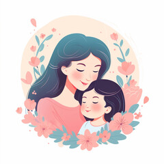 Mom hugging her child, Mother's day concept, beautiful woman and a baby. Isolated illustration in flat cartoon style