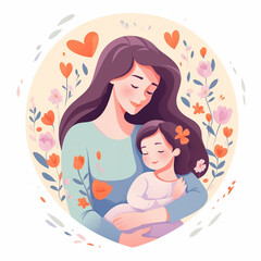Mom hugging her kid, Mother's day concept, beautiful woman and a baby. Isolated illustration in flat cartoon style