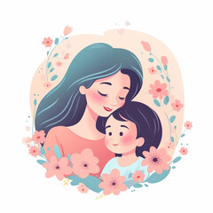Mom hugging her child, Mother's day concept, beautiful woman and a baby. Isolated illustration in flat cartoon style